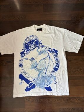 Sick Nirvana Kurt Cobain Pennyroyal Tea White Graphic T-Shirt with Blue Artwork